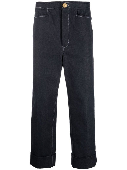 Blue Contrast Stitching Straight-leg Trousers
