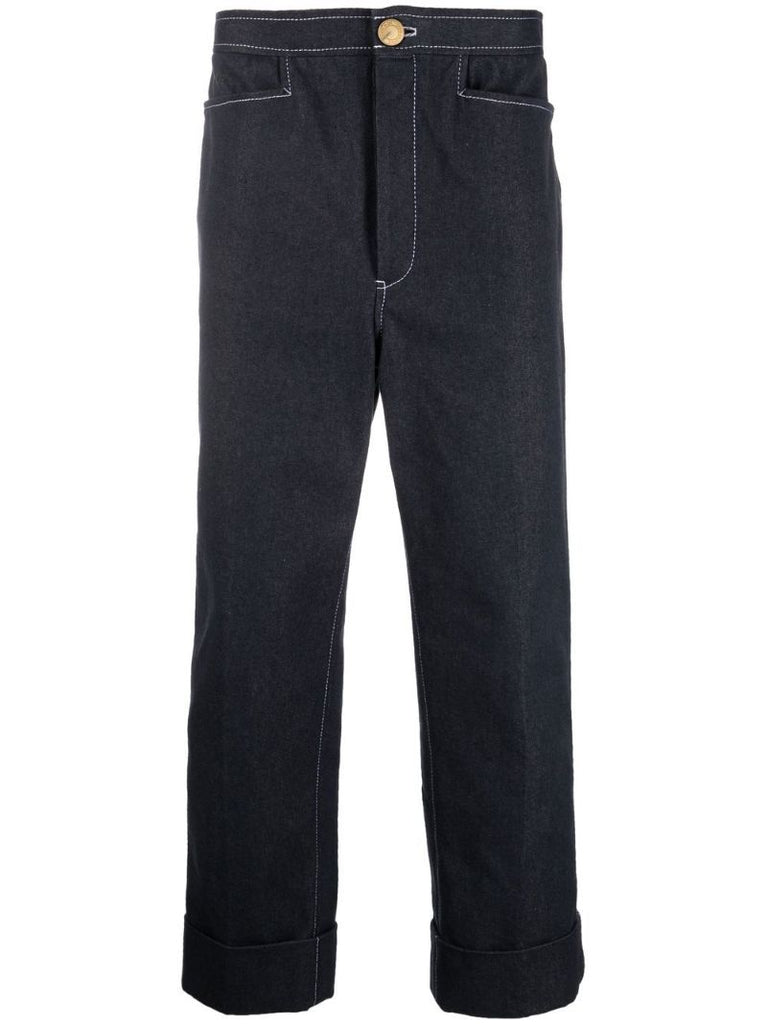 Blue Contrast Stitching Straight-leg Trousers