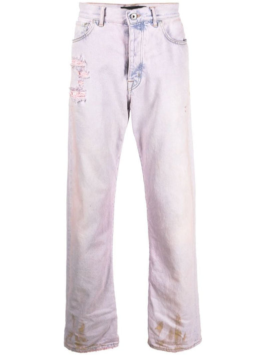 Pink Distressed Straight-leg Jeans