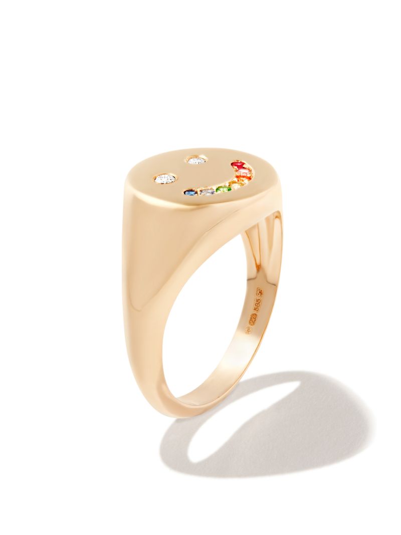 14k Yellow Gold Rainbow Smiley Sapphire and Diamond Ring