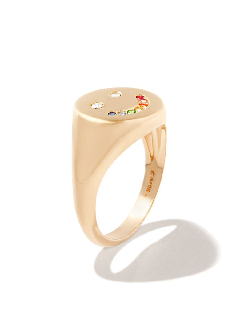 14k Yellow Gold Rainbow Smiley Sapphire and Diamond Ring