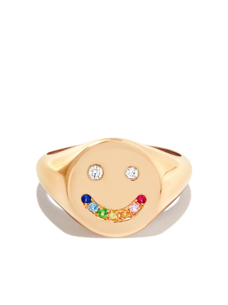 14k Yellow Gold Rainbow Smiley Sapphire and Diamond Ring