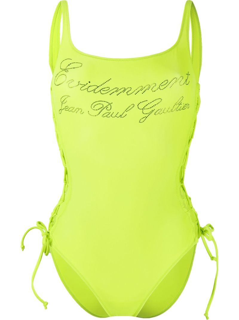 Green Evidement Logo Embellished Swimsuit