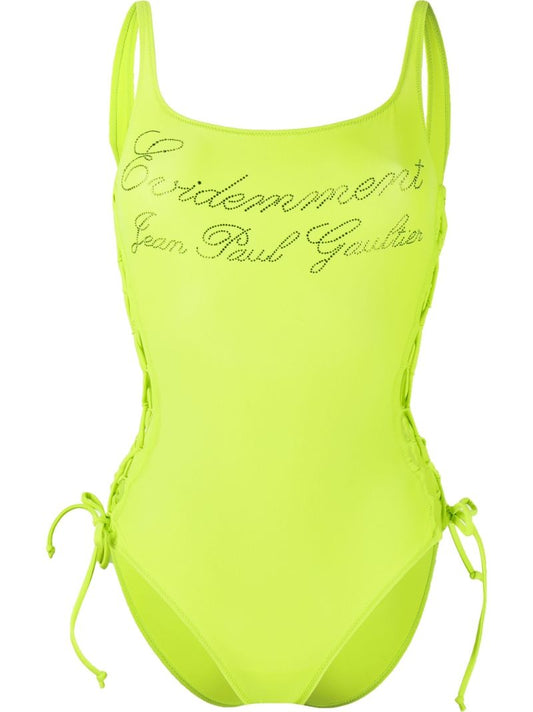 Green Evidement Logo Embellished Swimsuit