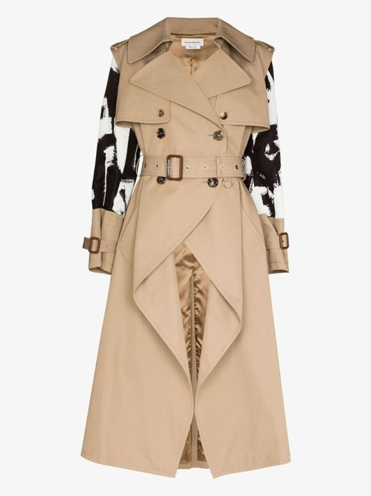 Neutral Asymmetric Panelled Belted Trench Coat