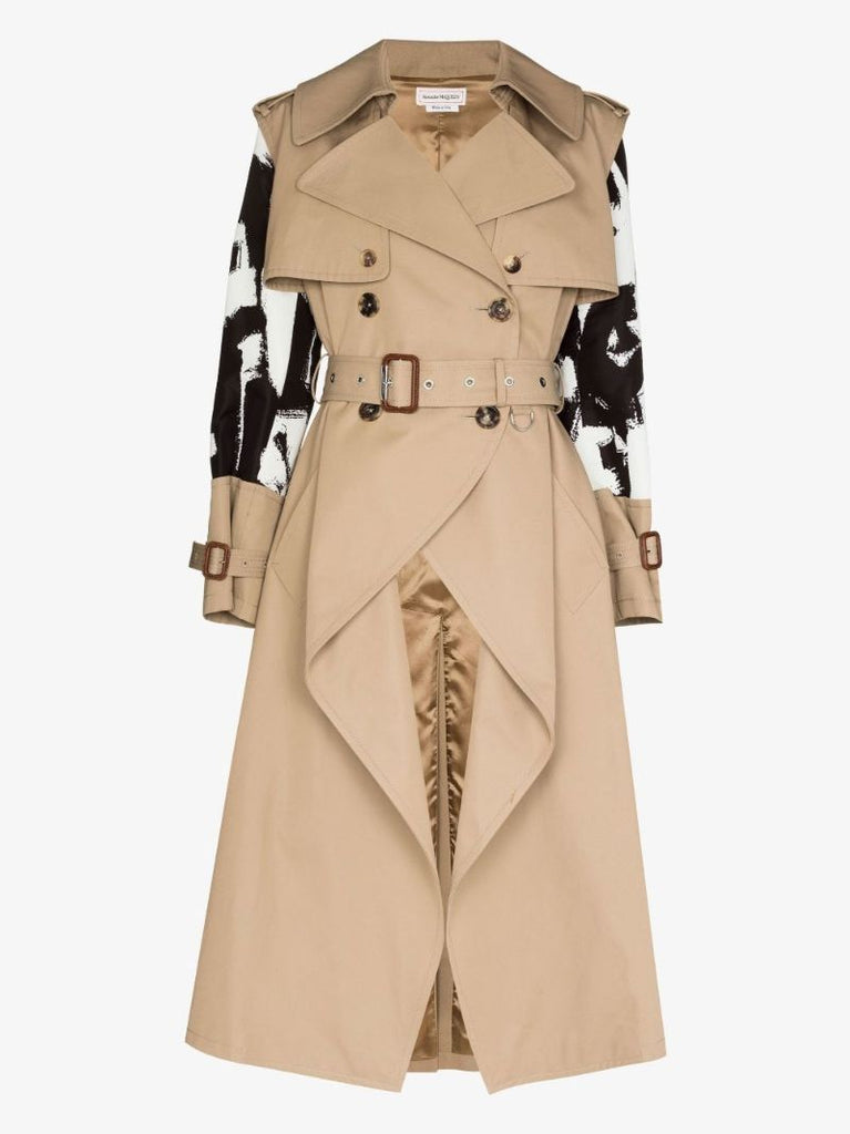 Neutral Asymmetric Panelled Belted Trench Coat
