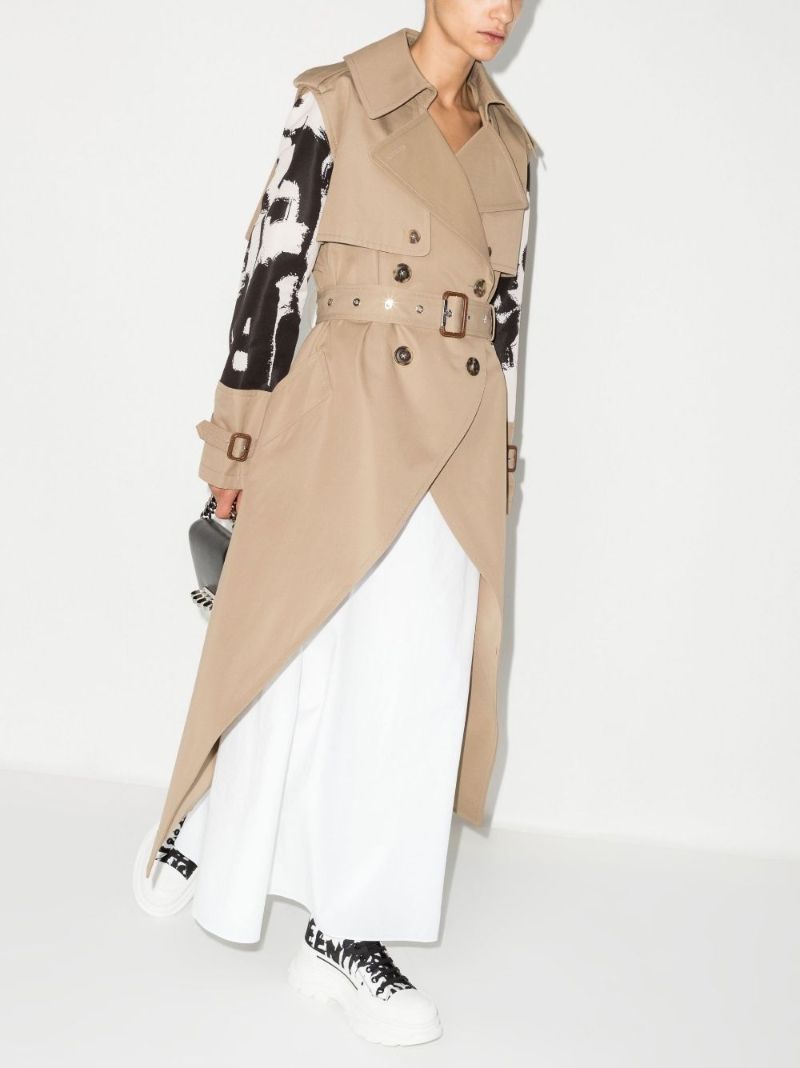 Neutral Asymmetric Panelled Belted Trench Coat