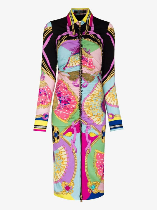 Pink I Ventagli Print Silk Midi Dress