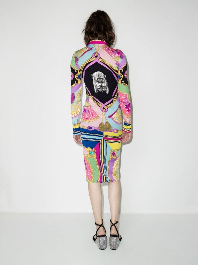 Pink I Ventagli Print Silk Midi Dress