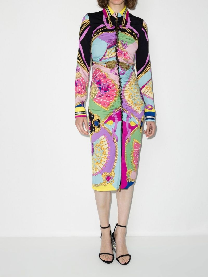 Pink I Ventagli Print Silk Midi Dress
