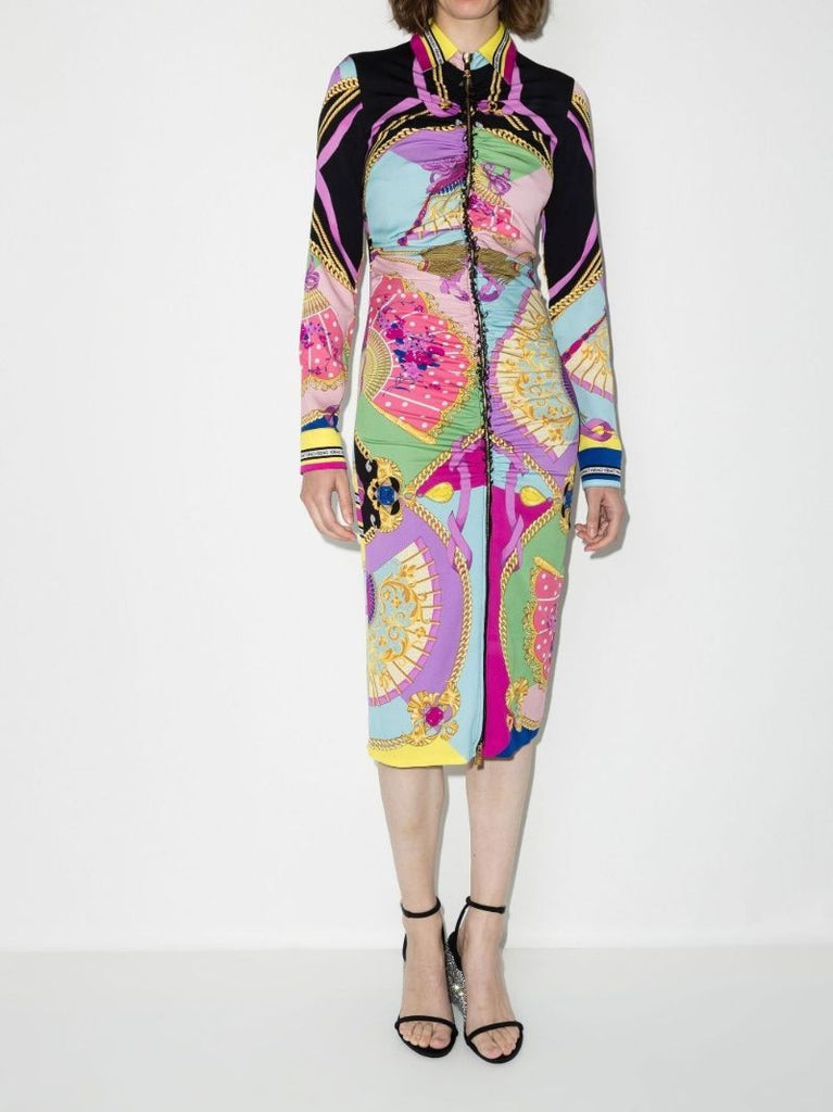 Pink I Ventagli Print Silk Midi Dress