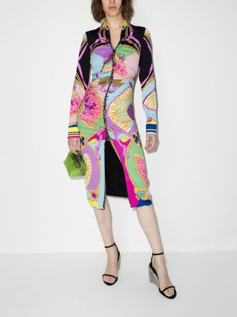 Pink I Ventagli Print Silk Midi Dress