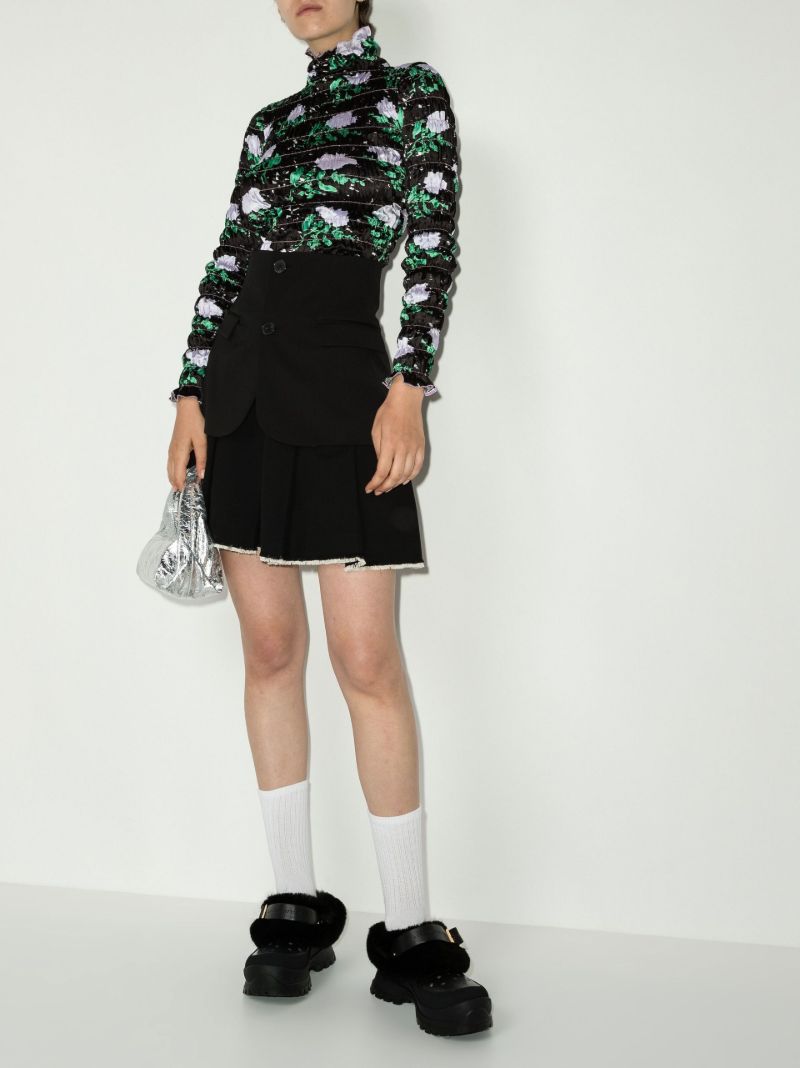 Black Pleated Raw Hem Wool Skirt