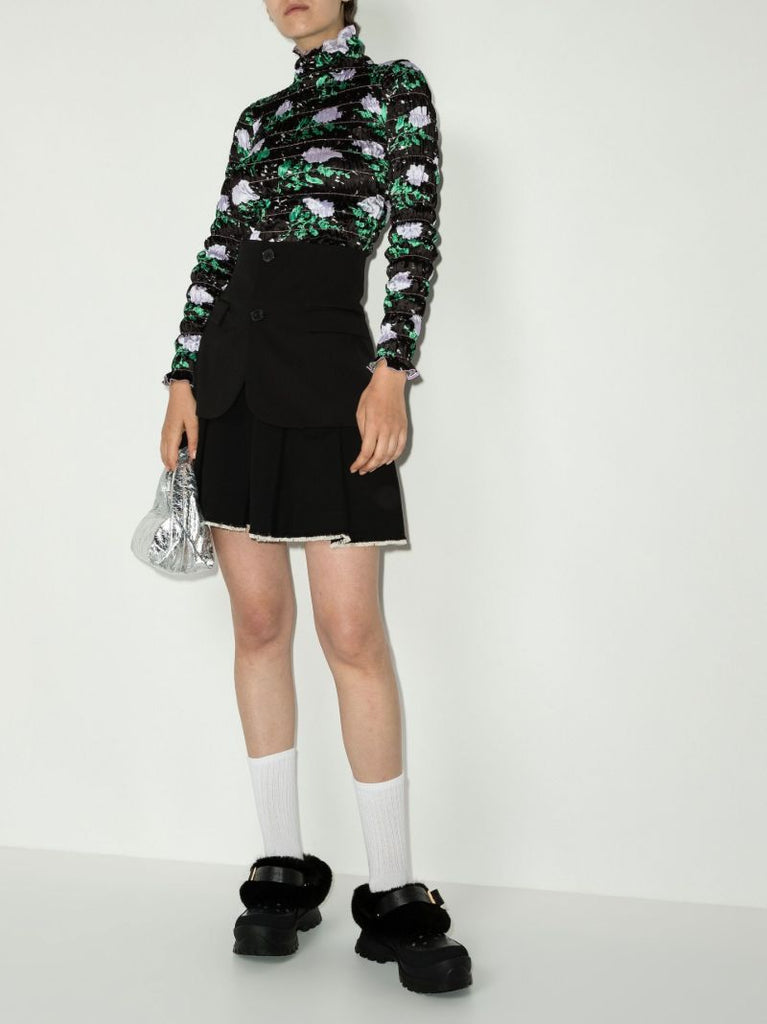 Black Pleated Raw Hem Wool Skirt