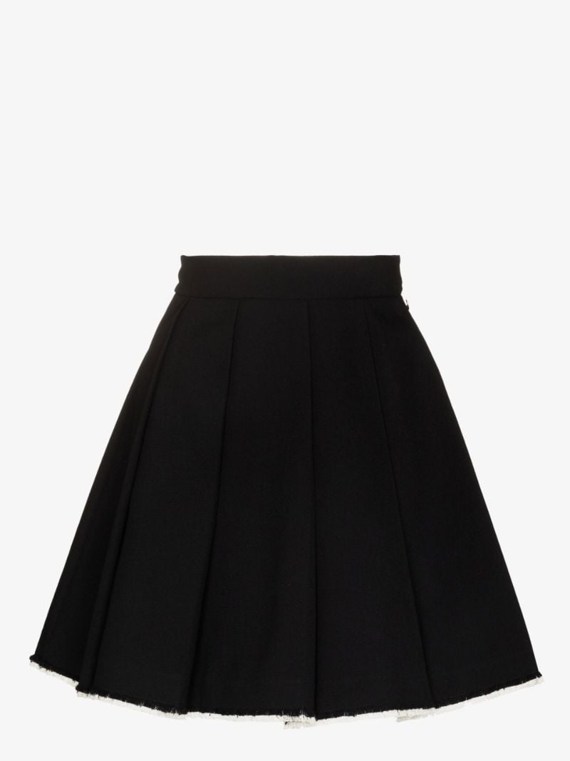 Black Pleated Raw Hem Wool Skirt