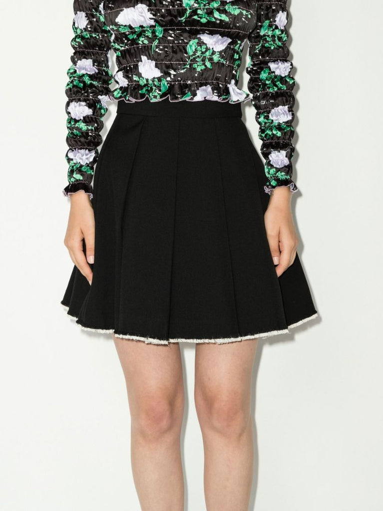 Black Pleated Raw Hem Wool Skirt