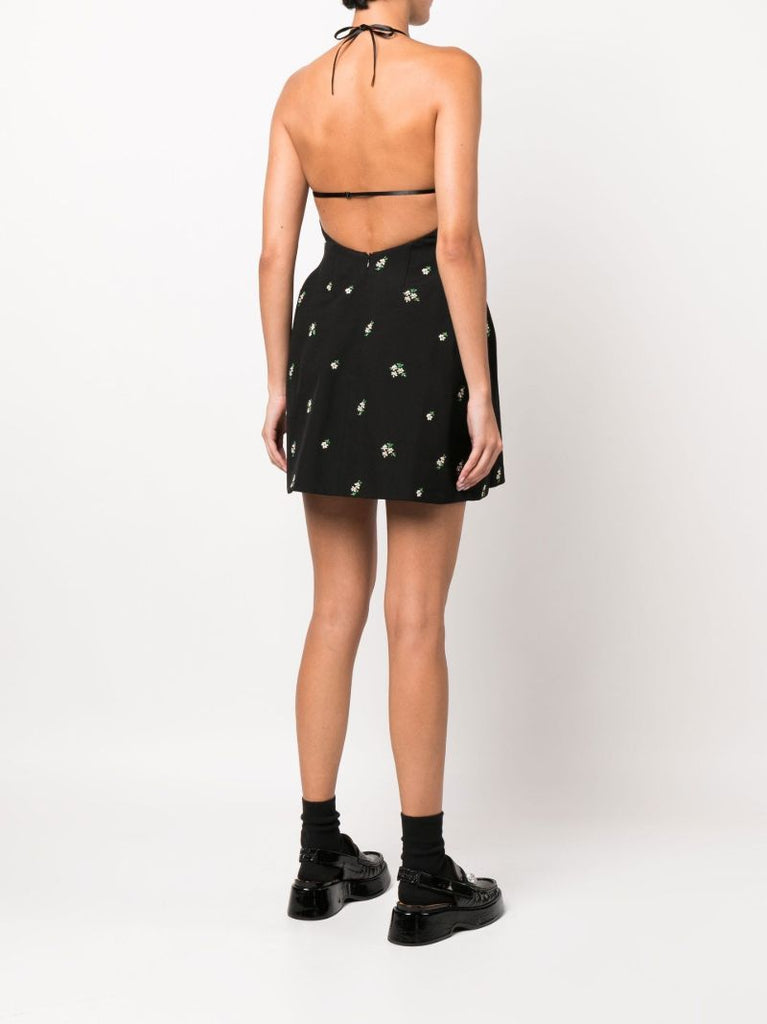 Black Floral Embroidered Halterneck Mini Dress