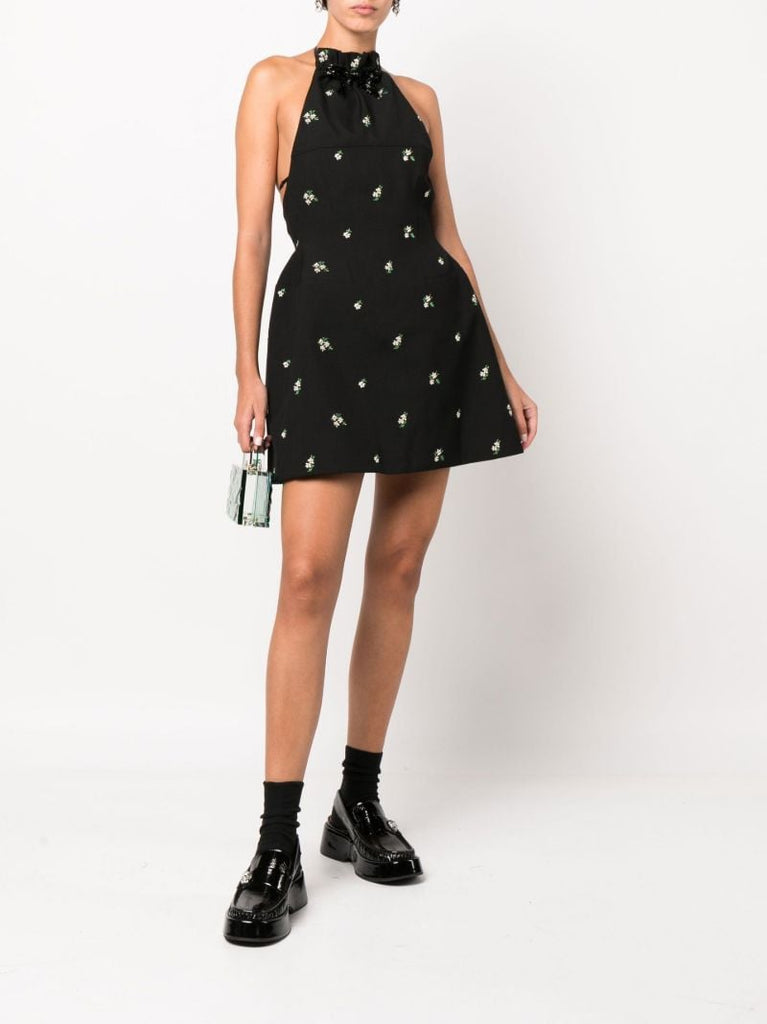 Black Floral Embroidered Halterneck Mini Dress