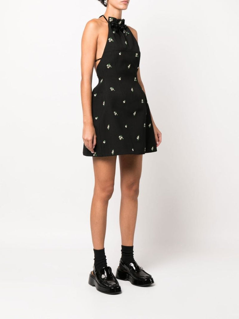 Black Floral Embroidered Halterneck Mini Dress