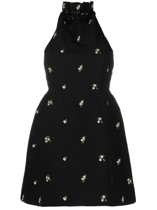 Black Floral Embroidered Halterneck Mini Dress
