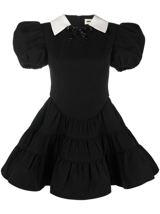 Black Puff Sleeve Tiered Mini Dress