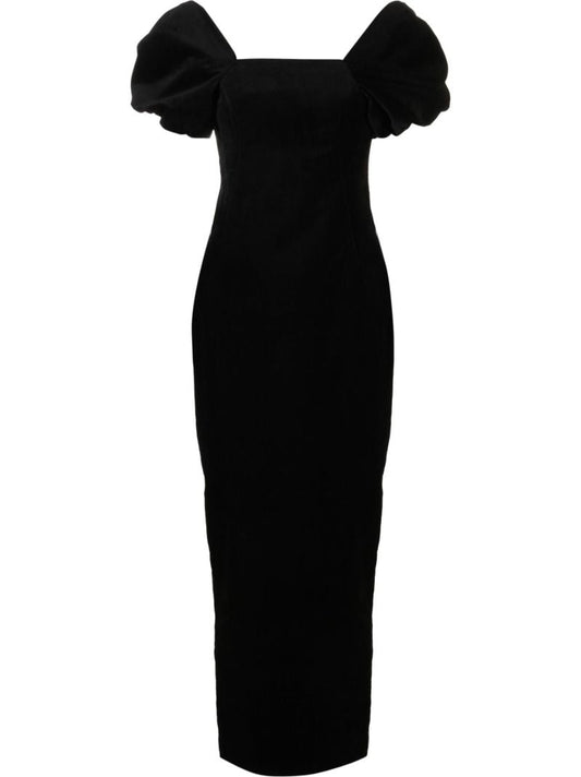 Black Puff Sleeve Cotton Midi Dress