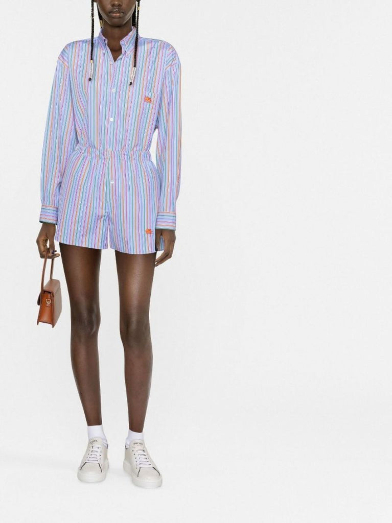 Blue Pegaso Embroidered Striped Cotton Shorts