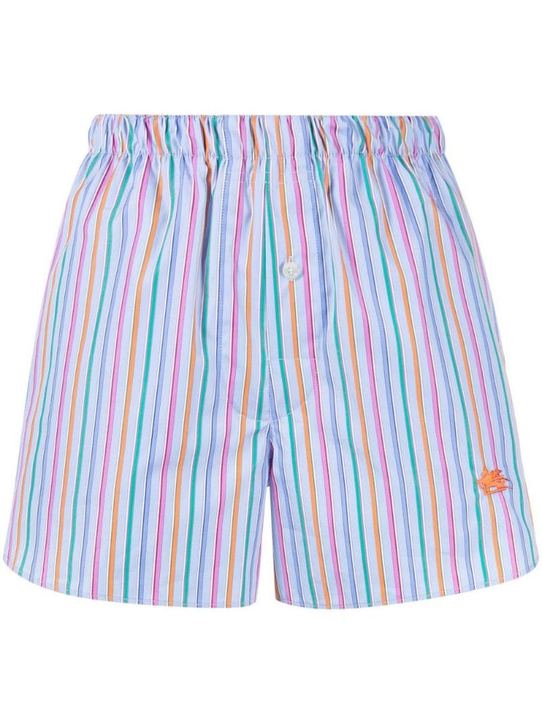 Blue Pegaso Embroidered Striped Cotton Shorts