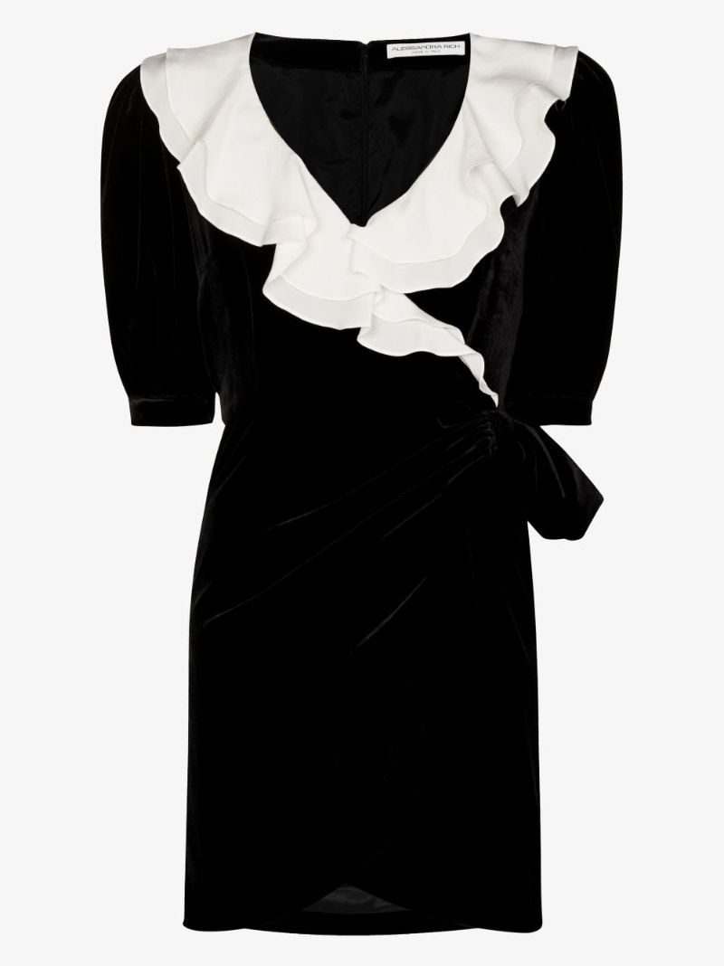 Black and White Velvet Mini Wrap Dress