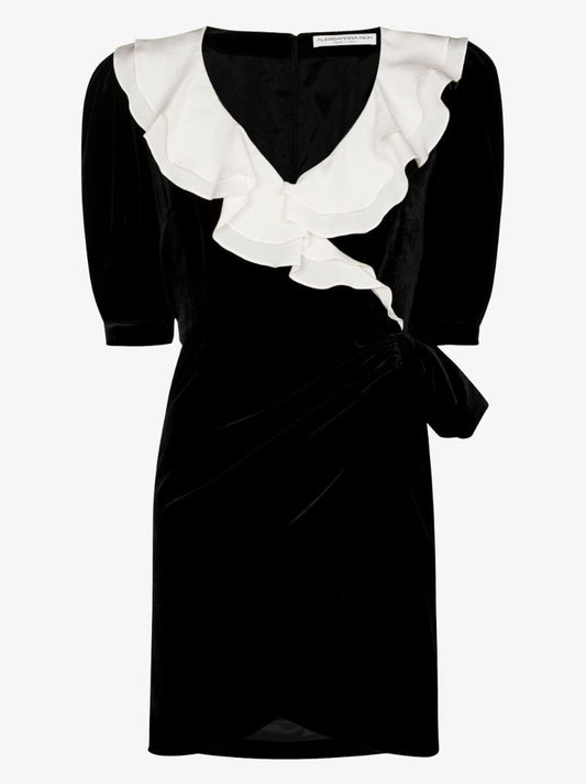 Black and White Velvet Mini Wrap Dress