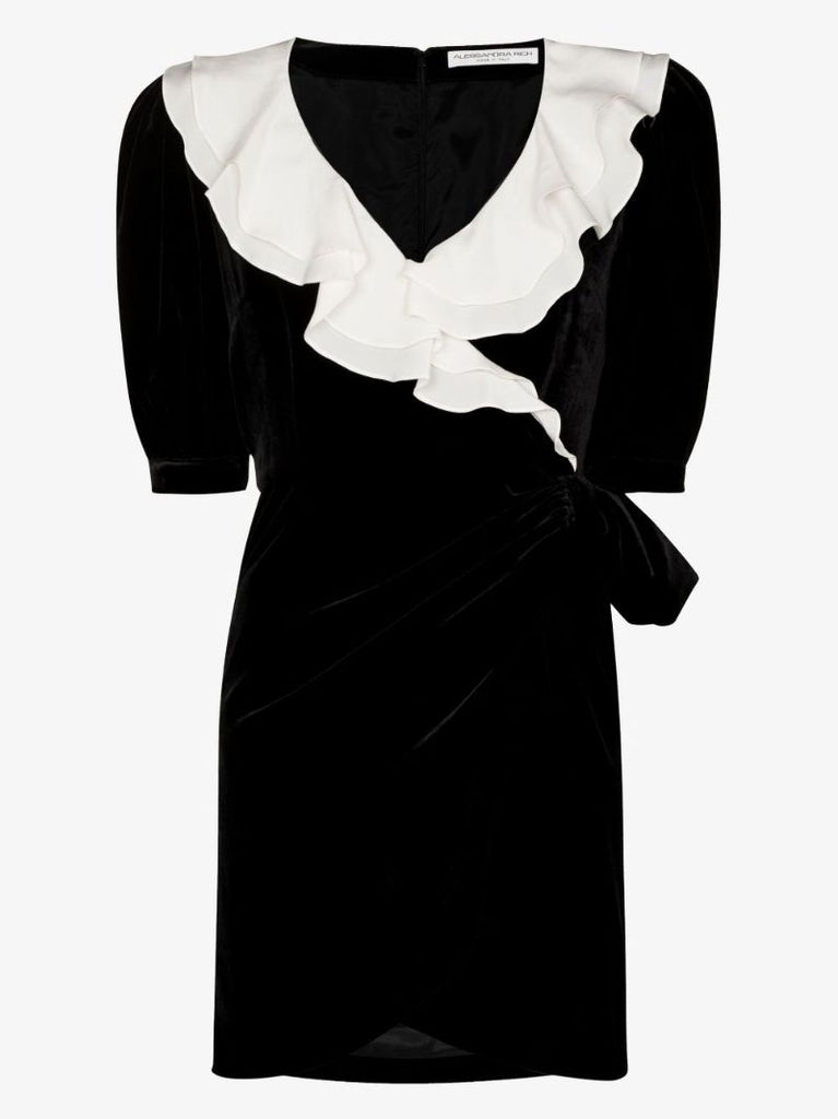 Black and White Velvet Mini Wrap Dress