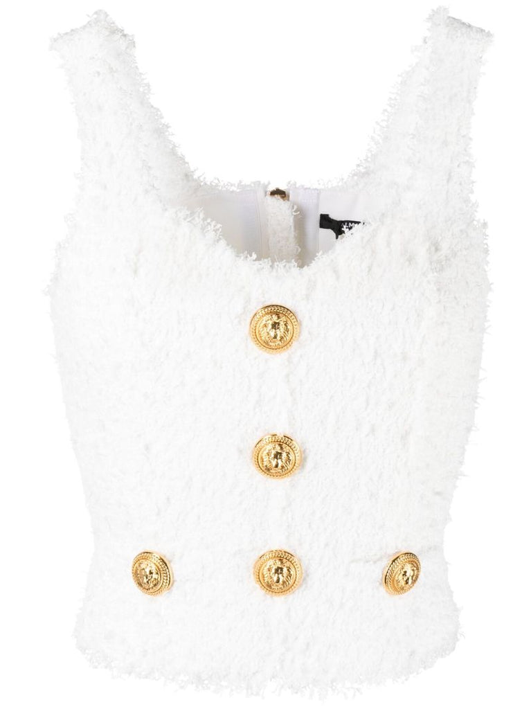 White Embellished Tweed Sleeveless Top