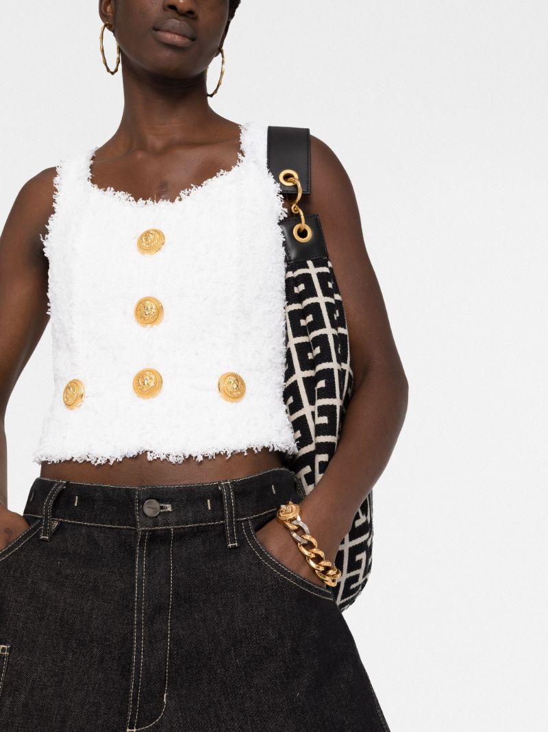 White Embellished Tweed Sleeveless Top