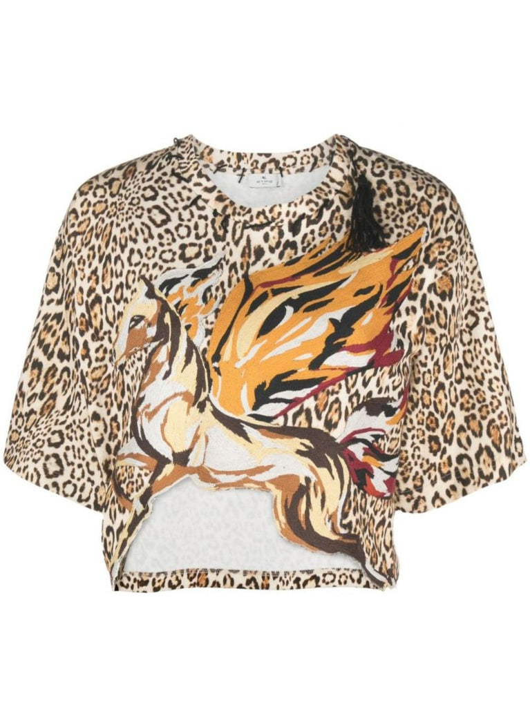 Brown Pegaso Patch Leopard Print T-shirt
