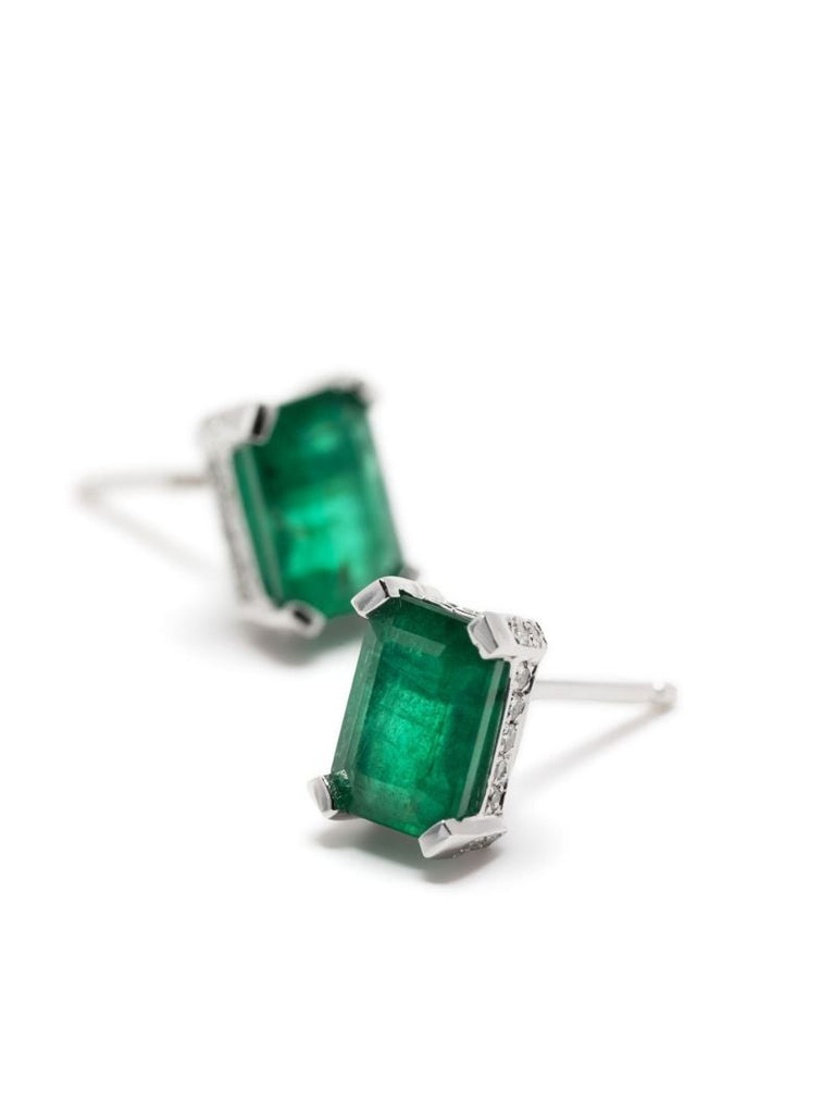 18k White Gold Emerald Diamond Halo Stud Earrings