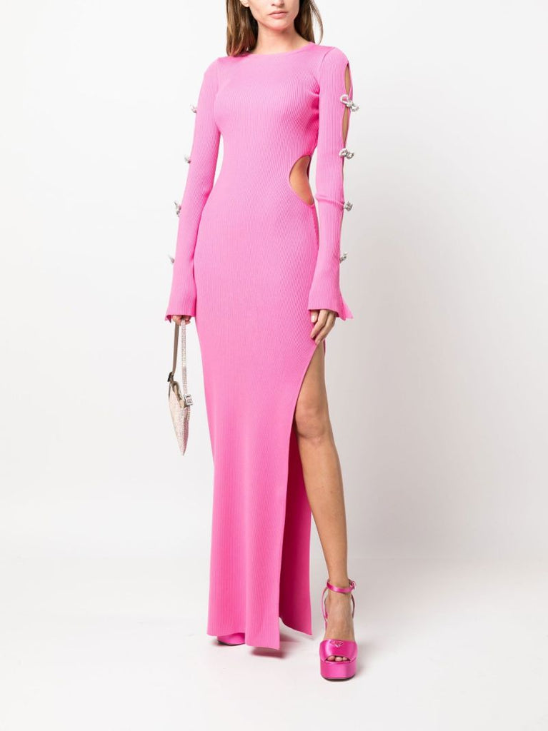 Pink Crystal Bow Ribbed Maxi Dress