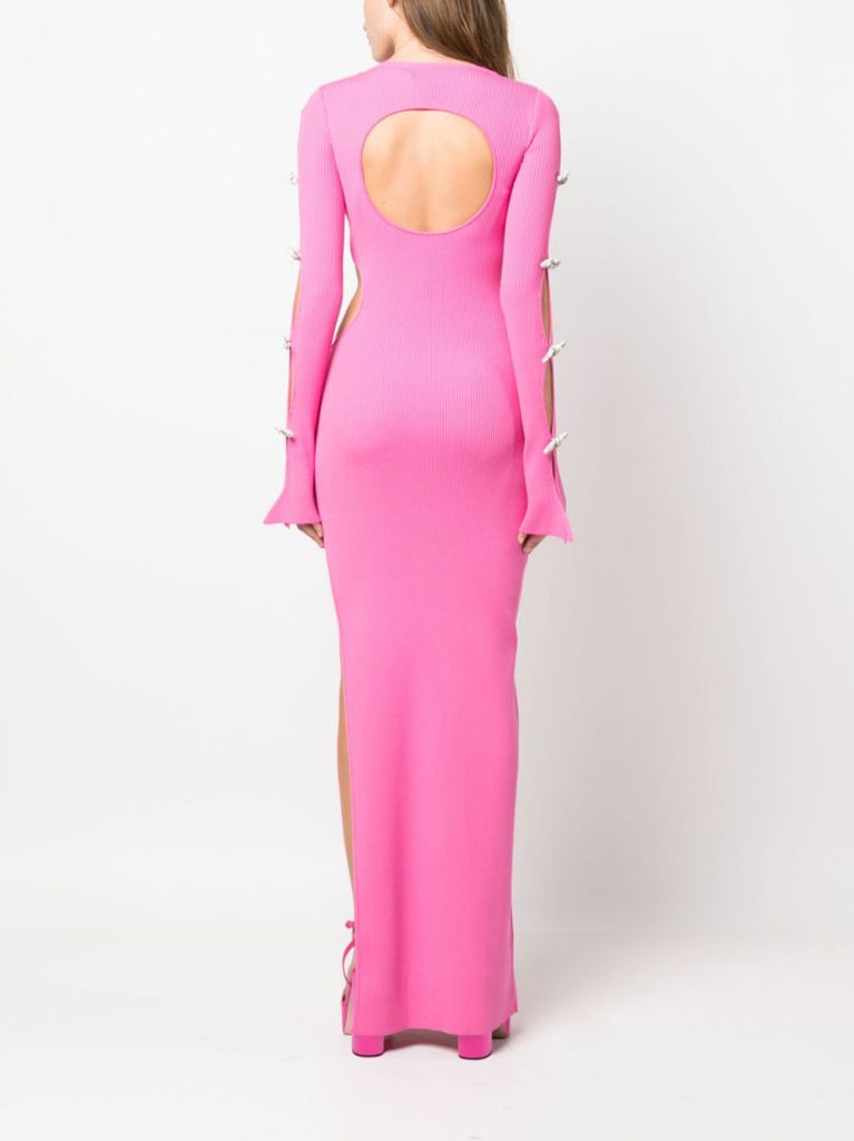 Pink Crystal Bow Ribbed Maxi Dress