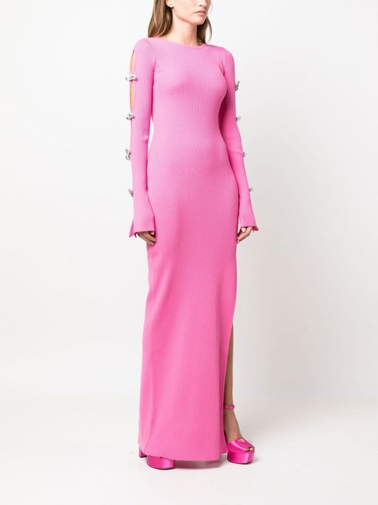 Pink Crystal Bow Ribbed Maxi Dress