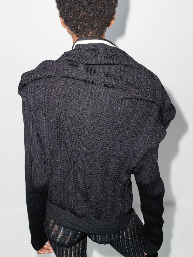 Black Ruffle Detail Rib-knit Wool Cardigan