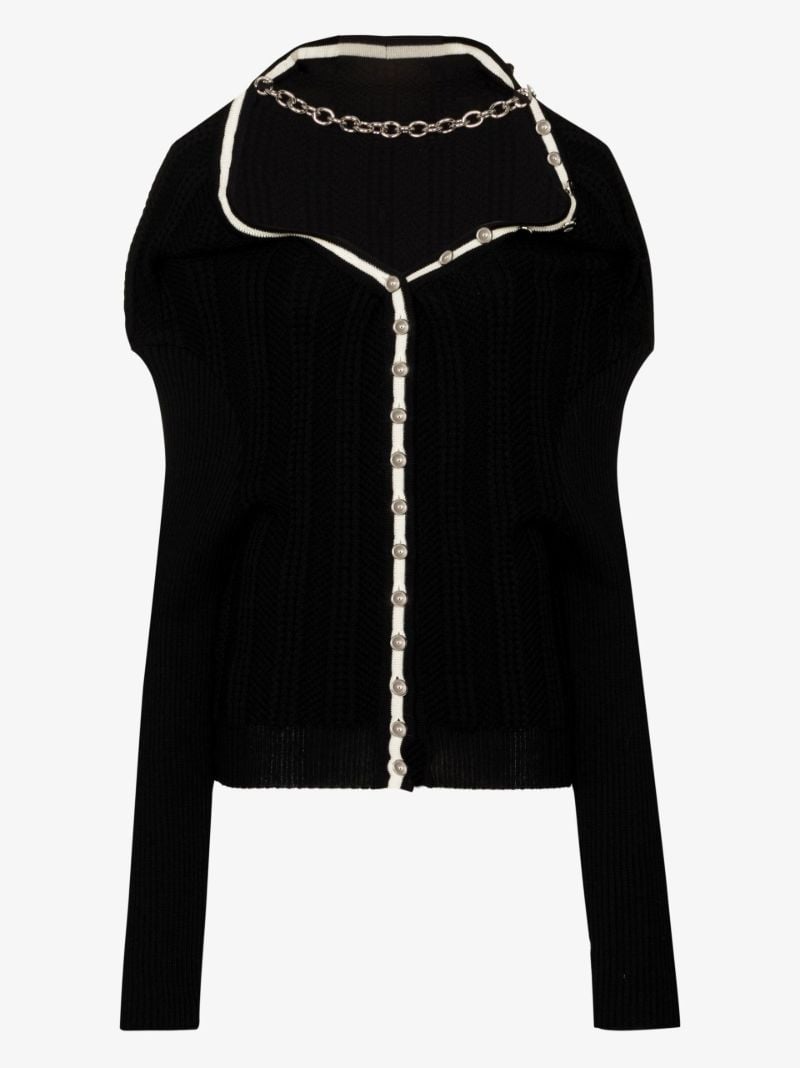 Black Ruffle Detail Rib-knit Wool Cardigan