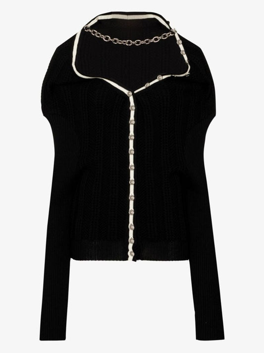 Black Ruffle Detail Rib-knit Wool Cardigan
