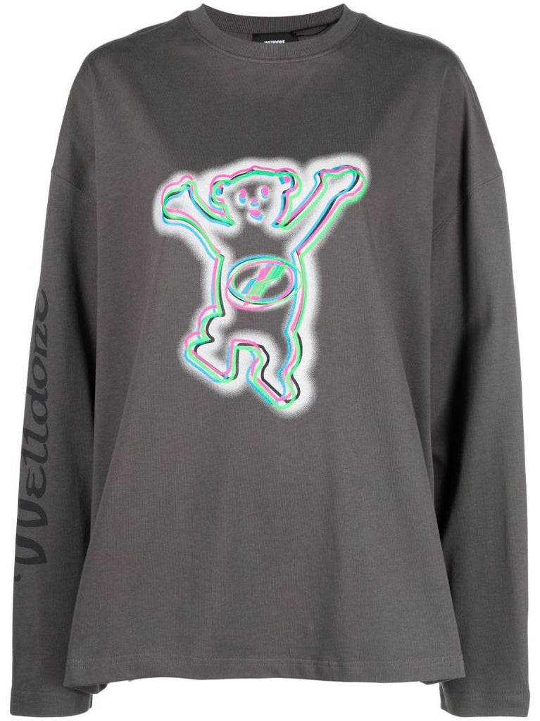 Grey Colourful Teddy Print Long Sleeve Cotton T-shirt