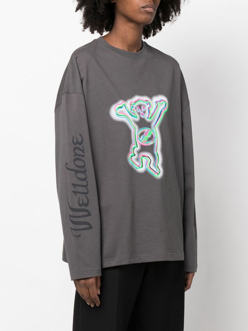 Grey Colourful Teddy Print Long Sleeve Cotton T-shirt
