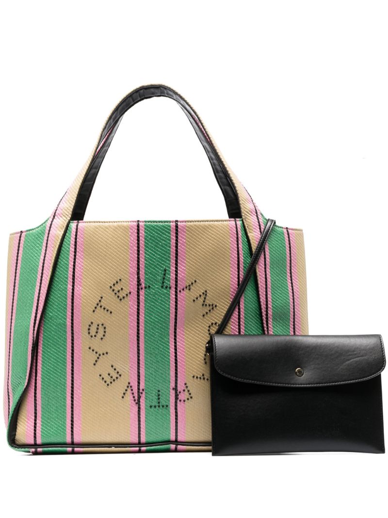 Neutral Logo Striped Raffia Tote Bag