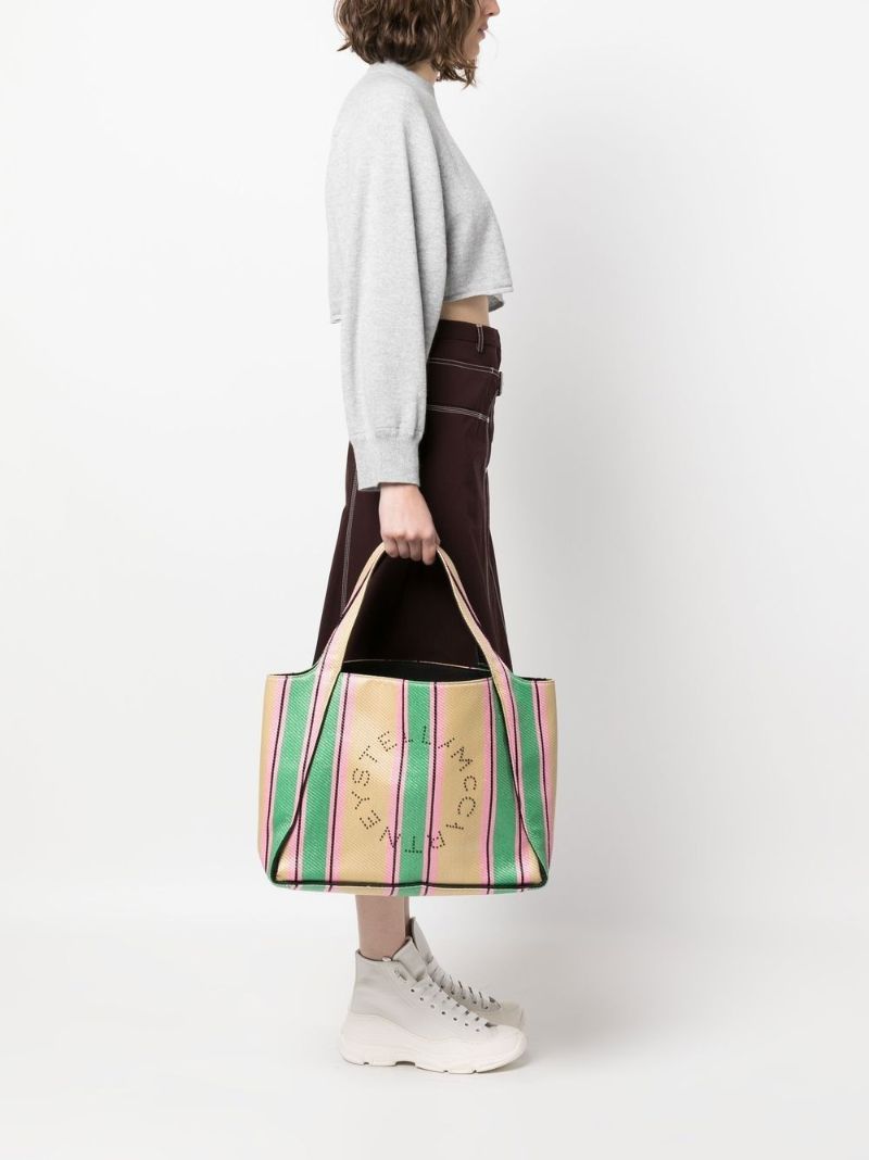 Neutral Logo Striped Raffia Tote Bag