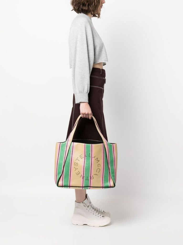 Neutral Logo Striped Raffia Tote Bag