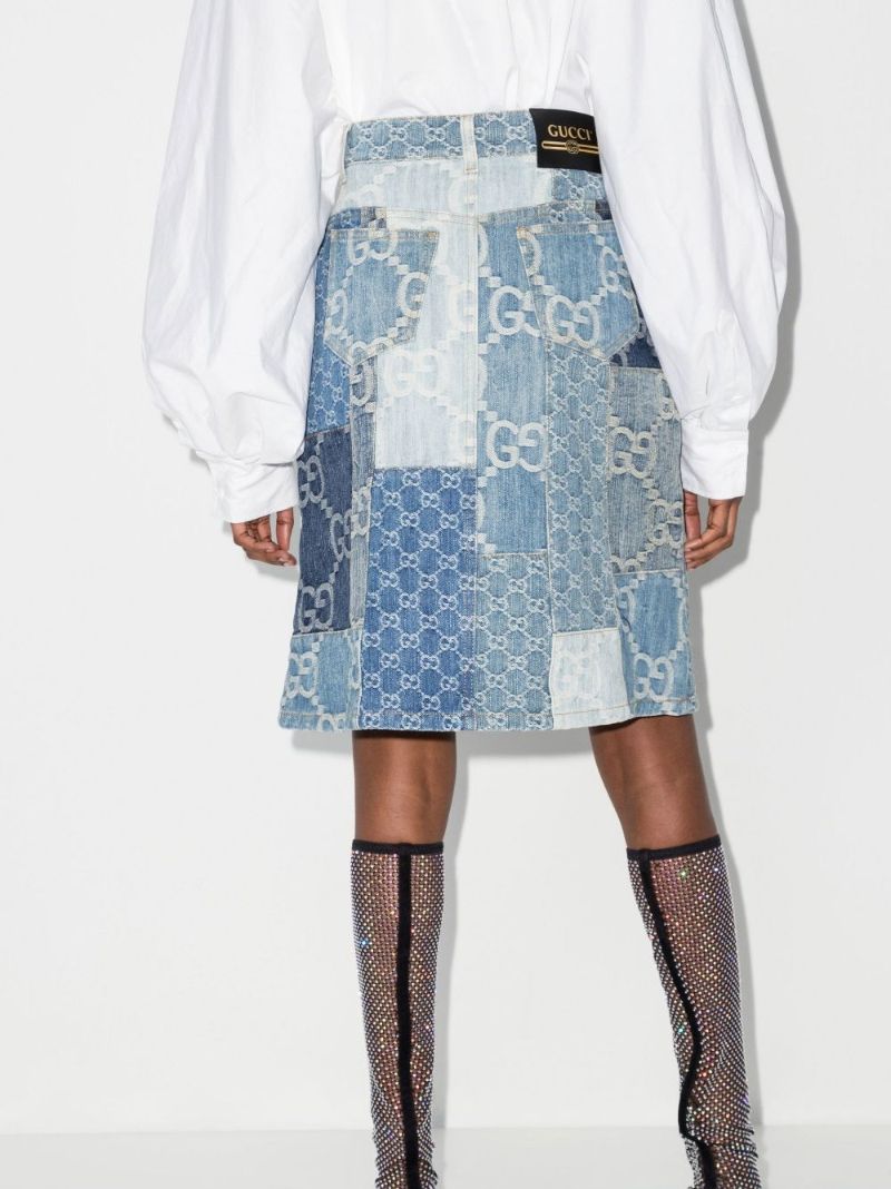 Blue Patchwork Gg Denim Knee-length Skirt