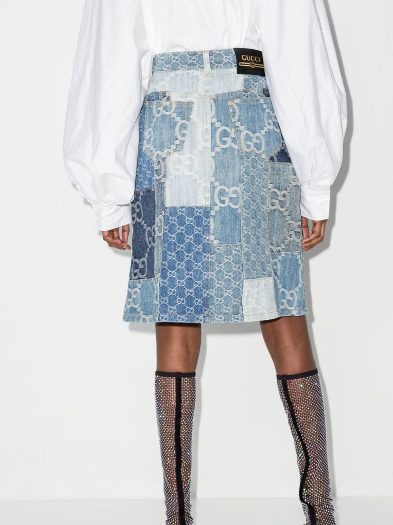 Blue Patchwork Gg Denim Knee-length Skirt