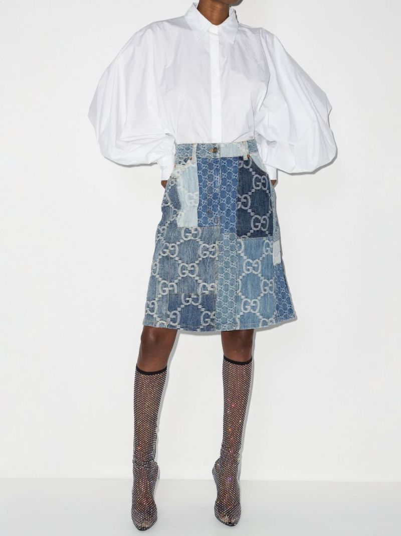 Blue Patchwork Gg Denim Knee-length Skirt