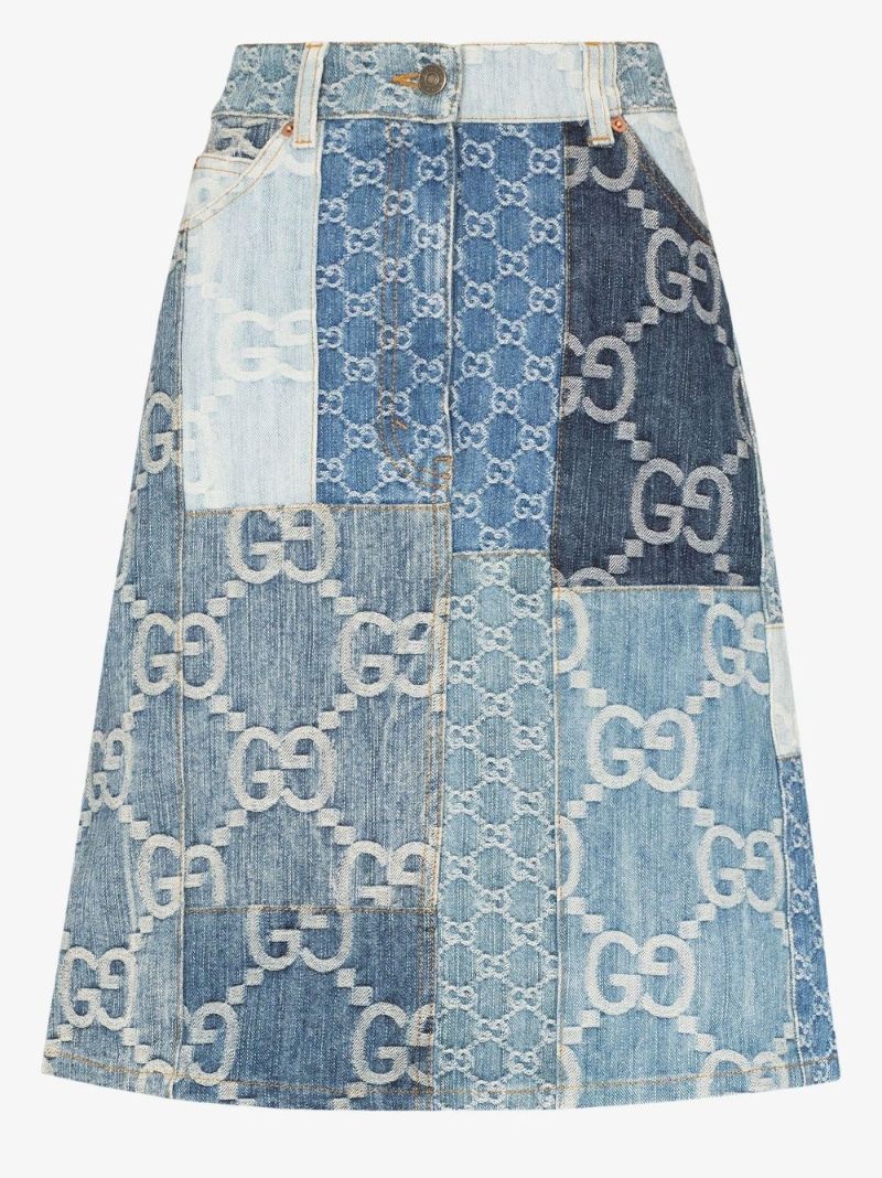 Blue Patchwork Gg Denim Knee-length Skirt